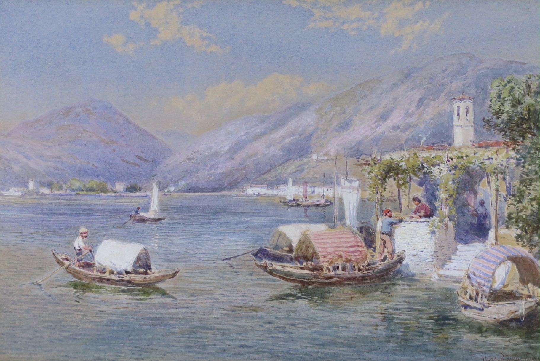 Charles Rowbotham (1877-1916), watercolour and gouache, View of high summer, Italian lake, signed and dated 1907, Christie’s label verso, 12 x 19cm